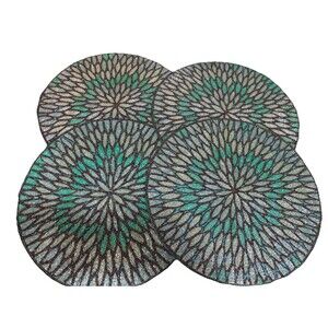 4 Pier 1 Beaded Peacock Teal Blue Green Glass Beads 15" Round Placemats Charger